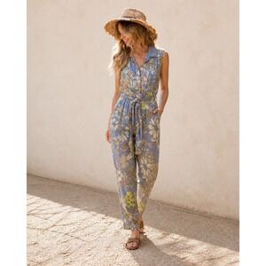 Boho Floral Linen Blend Jumpsuit Sleeveless Blue Retro Festival XS
